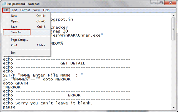 choose save as option in notepad