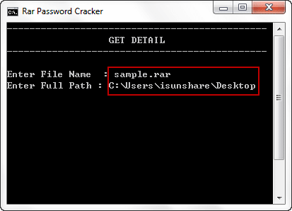 enter rar file name and path in cmd window