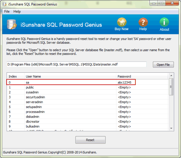 get SA new password to access SQL Server Database