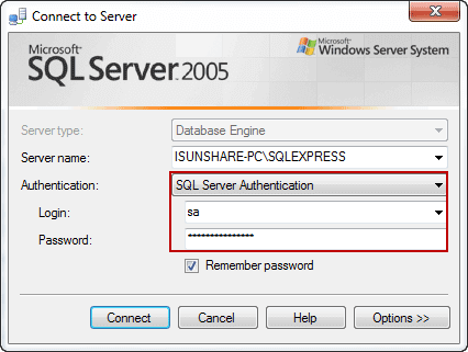 login SQL Server with SA account