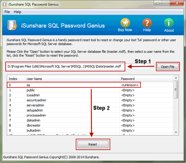 add master MDF file for SQL 2008 sa password reset