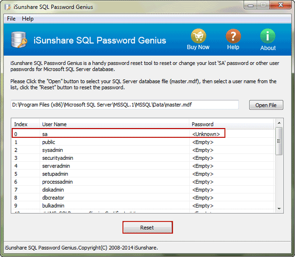 add master database to reset SA password with tool
