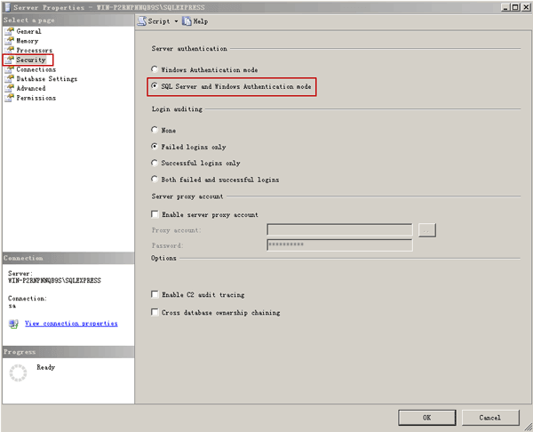 enable SQL Server and Windows Authentication mode