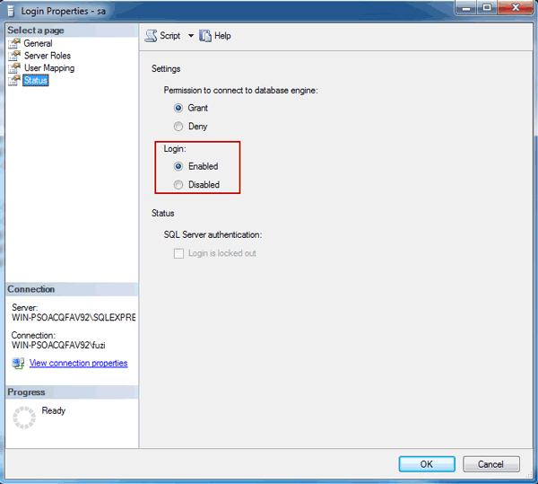 enable SQL Server SA account for logon