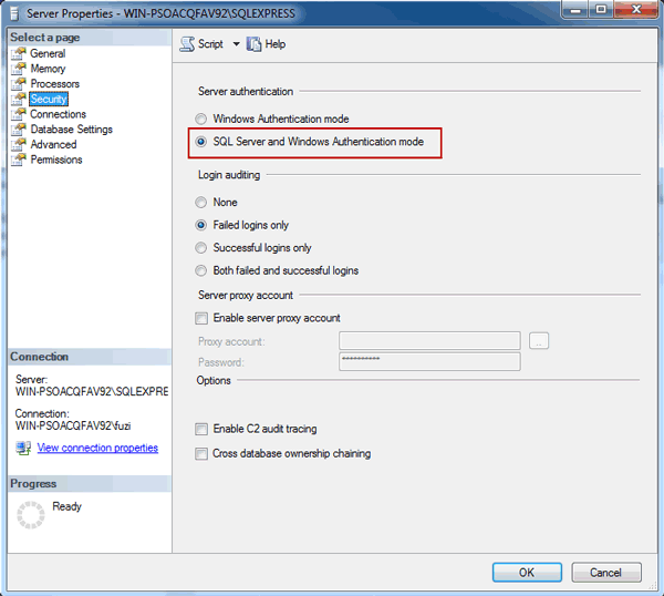 select SQL Server and Windows Authentication Mode