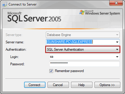 connect to SQL Server with SQL Server Authentication