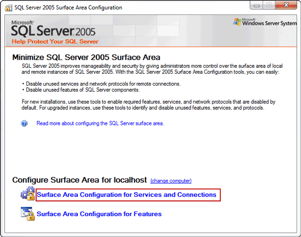 open SQL Server Surface Area Configuration