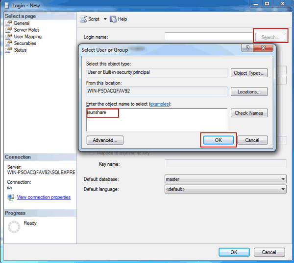 set SQL Server new login user name