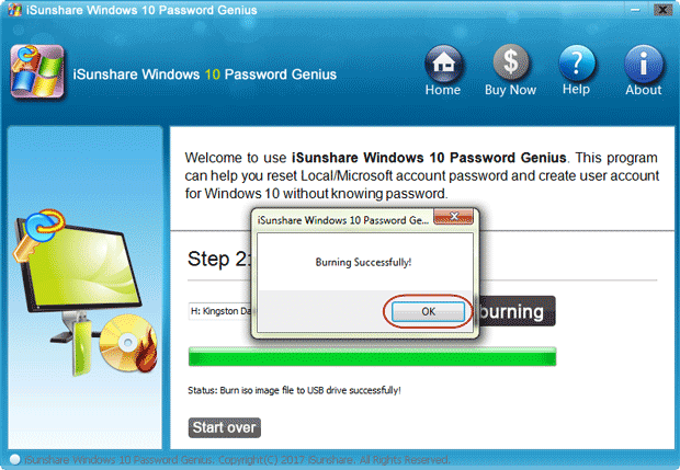 successfully burn password reset software into bootable device