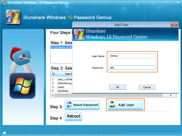 create new admin account with isunshare tool