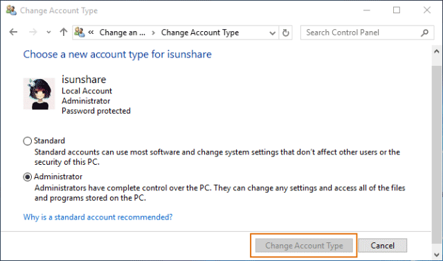 windows 10 change account type greyed out