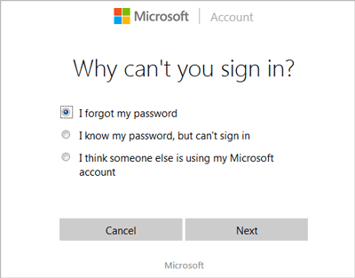 select reason to reset Microsoft account password