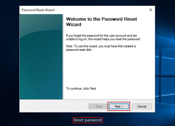 open password reset wizard on windows 10 login screen
