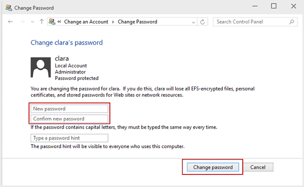 change windows 10 password in control panel