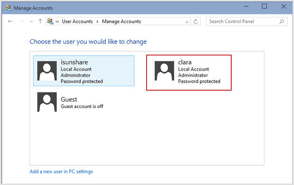 choose windows 10 user to change password
