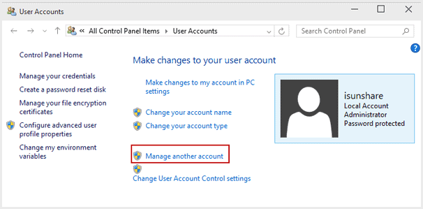 choose to manamge windows 10 user account