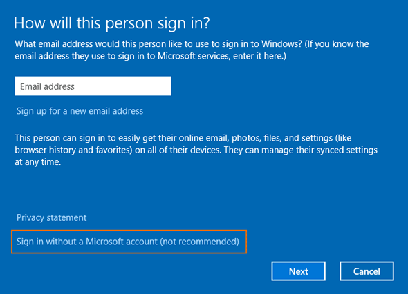 choose sign in without a microsoft account