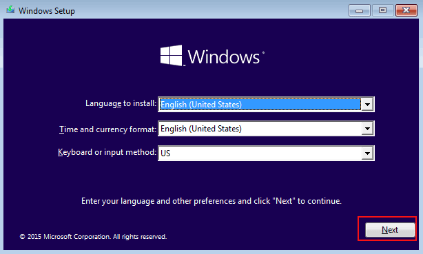 Windows 10 setup screen