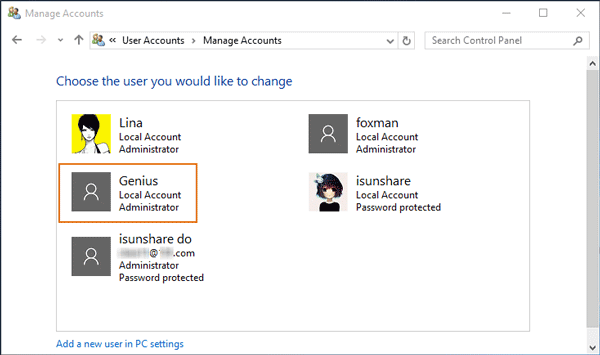 choose admin account to delete in control panel