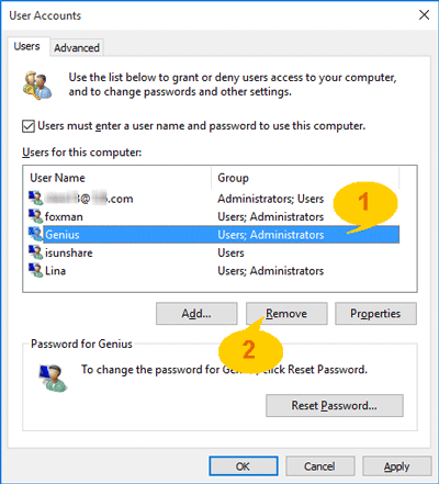 choose administrator account to remove in user account