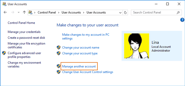 manage another user in control panel