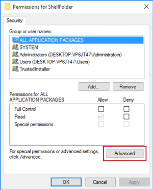change advanced settings for shellfoler permissions