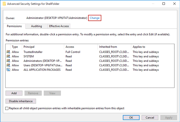 choose to change advanced security settings for shellfolder