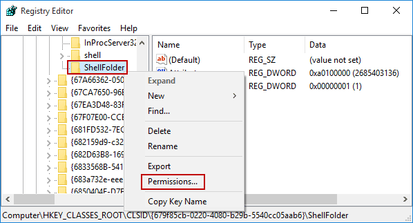 choose to change permissions of shellfolder