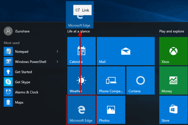 drag Microsoft edge to desktop