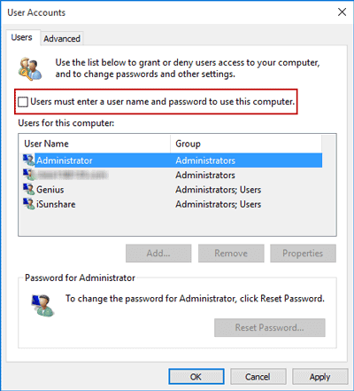 disable user and password for computer use