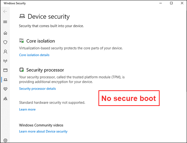 no secure boot in Windows Security settings