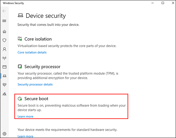  Secure boot option in Windows security