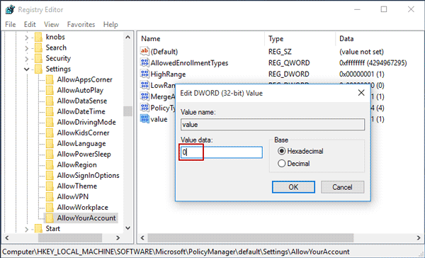 set allowyouraccount value to disable Microsoft account