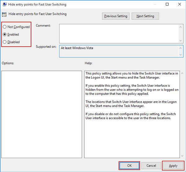 enable or disable fast user switching using group policy