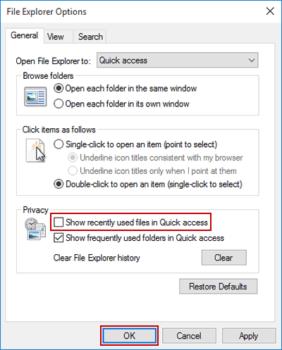 deselect show recently used files in quick access