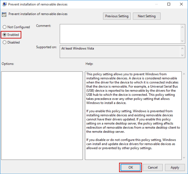 enable prevent installation of removable devices
