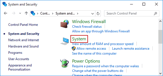 click system in system and security window