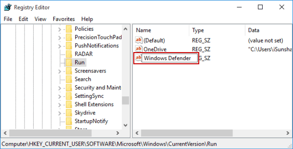 name string value as Windows defender