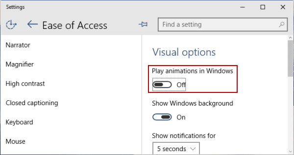 turn off play animations in Windows