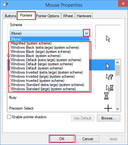 choose a scheme in pointers settings