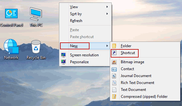 create new shortcut