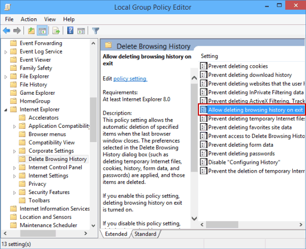 open allow deleting browsing history on exit