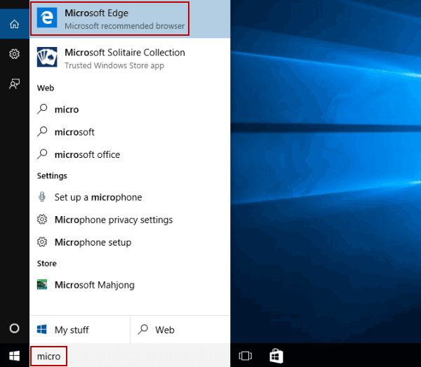 open microsoft edge by searching