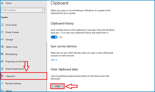 click clear to clear clipboard data