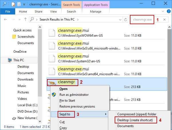 send cleanmgr shortcut to desktop