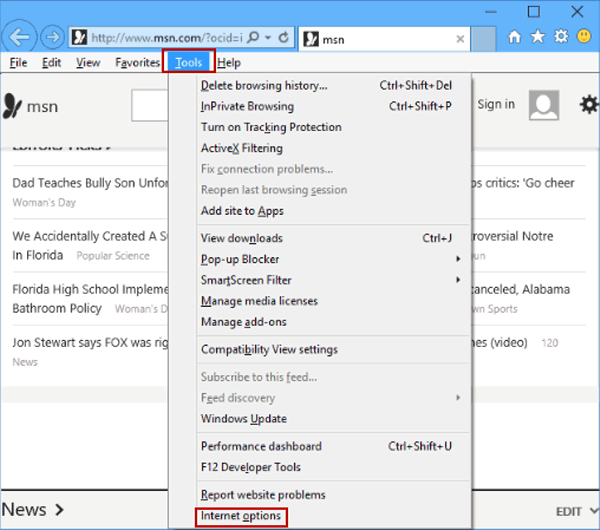 open internet options in tools menu