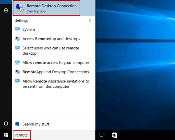 open remote desktop connection by search