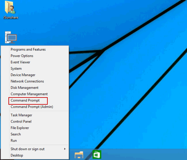 select command prompt in quick acccess menu