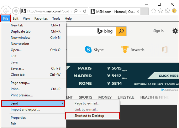 send website shortcut to desktop