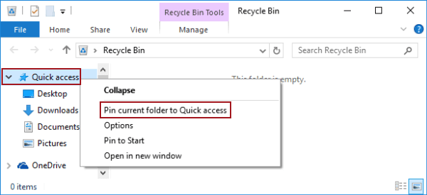 choose Pin current folder to Quick access